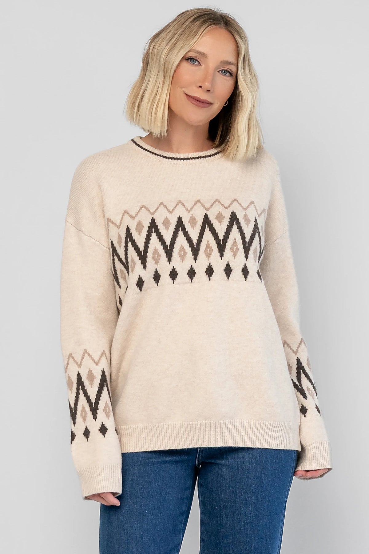 Oona Sweater in Natural with a buttery-soft knit, Fair Isle print, round neckline, and relaxed dropped-shoulder fit.