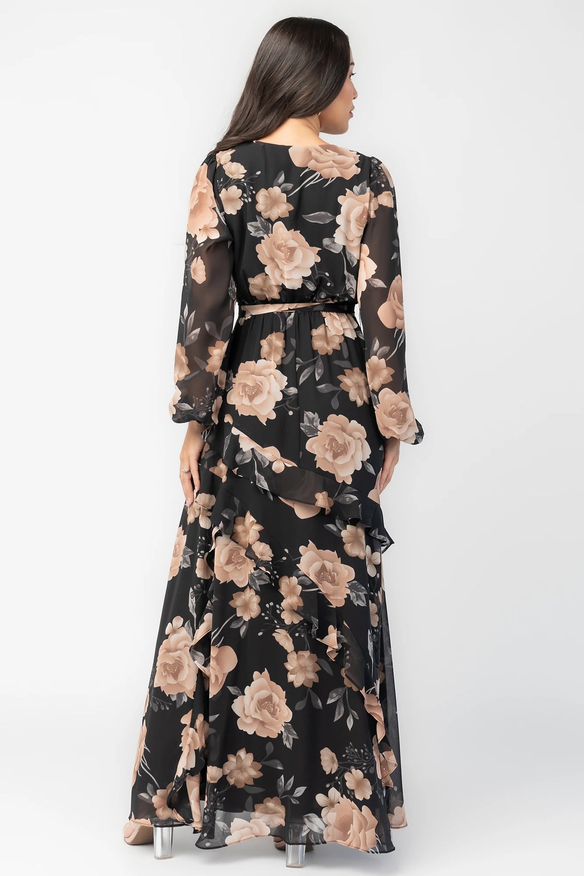 Phaedra Maxi Dress in Black + Taupe Floral with surplice V-neck, long sleeves, sash waist, and tiered skirt.