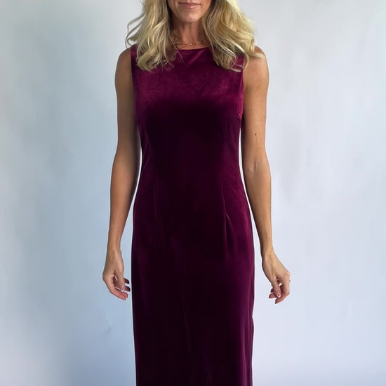 Charley Velvet Maxi Dress in Wine with an elegant boat neckline, sleeveless design, and a figure-skimming column silhouette.