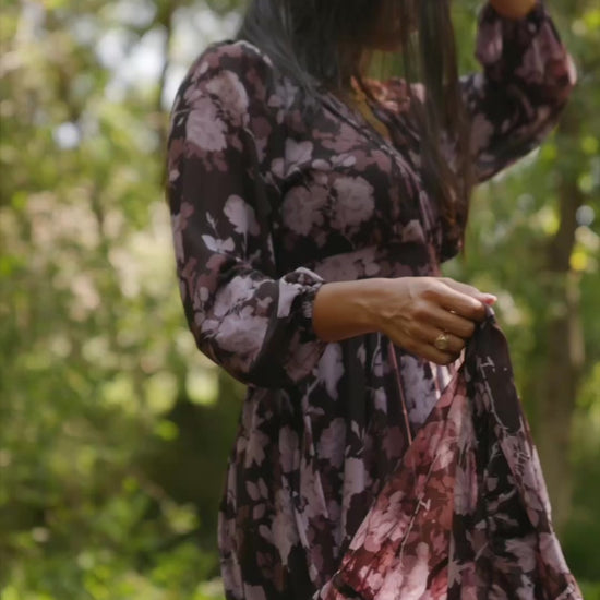 Johanna Chiffon Surplice Maxi Dress in Clove Floral with V-neck, long sleeves, side ties, and angled tiered skirt.
