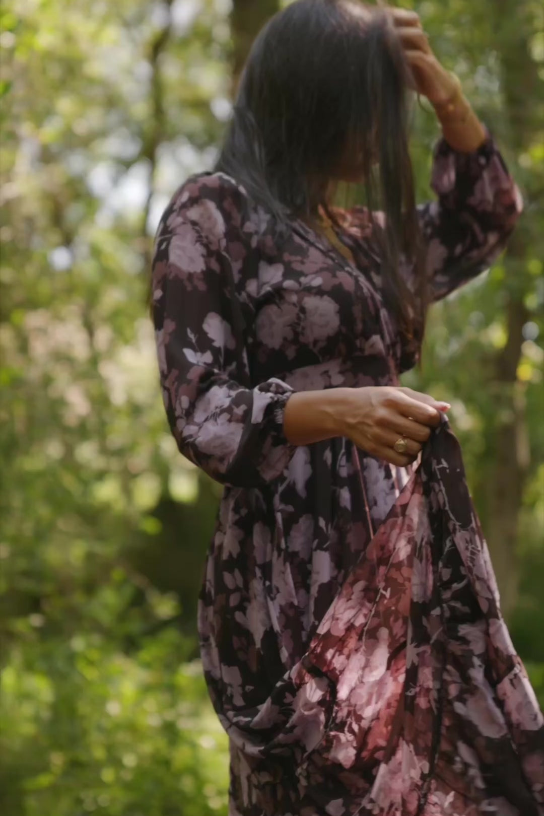 Johanna Chiffon Surplice Maxi Dress in Clove Floral with V-neck, long sleeves, side ties, and angled tiered skirt.