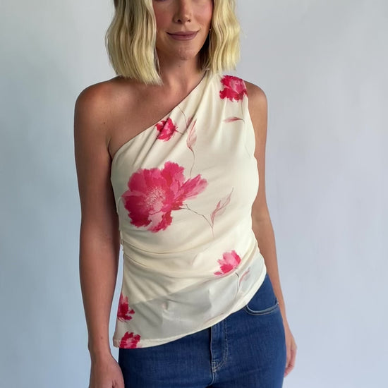 Cleo Mesh Top in Cream Floral with one-shoulder neckline, ruched bodice, and fitted silhouette.
