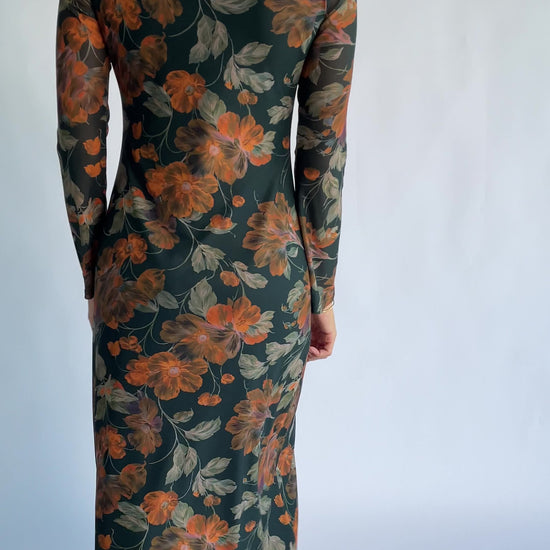Miley Mesh Dress in Topaz Floral with round neckline, long sleeves, soft mesh fabric, and fitted silhouette.