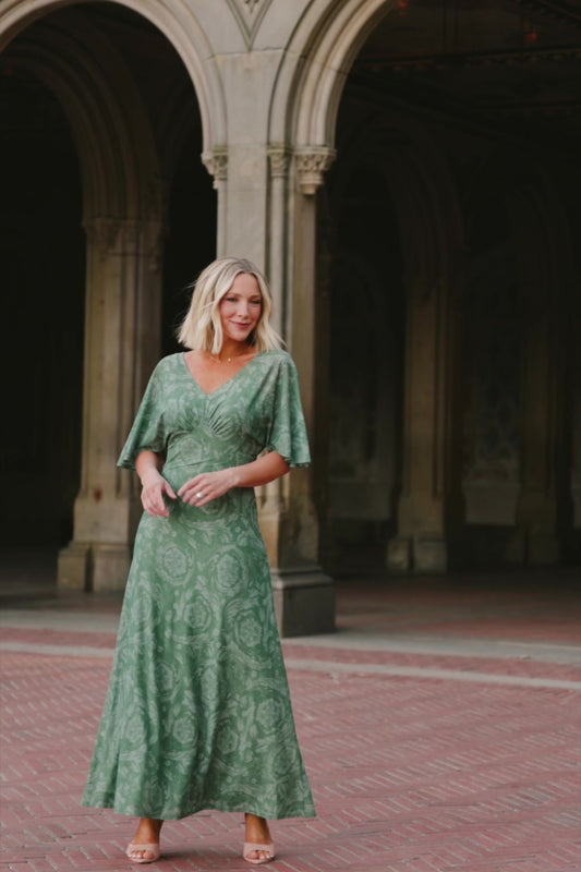 Dark sage mesh maxi dress with a floral mesh overlay, V-neckline, short dolman sleeves, empire waist, and removable ribbed tank slip.