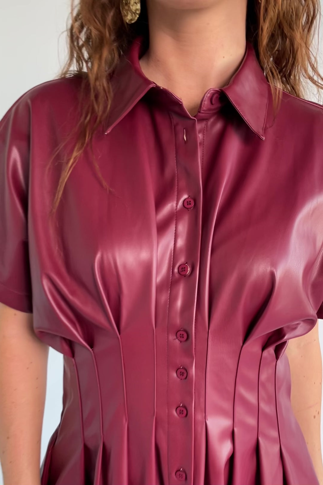 Montclair Structured Midi Shirt Dress in Burgundy with faux leather, button front, pleated waist, and full skirt.