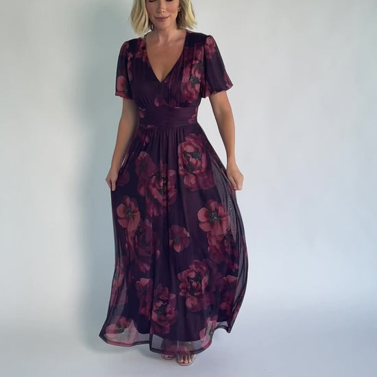 Whitney Mesh Maxi Dress in Deep Berry Floral with deep V-neck, short sleeves, empire waist, and flowing skirt.