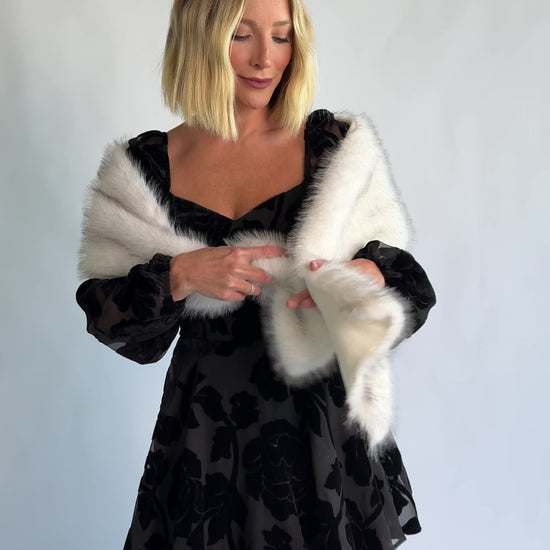Torino Faux Fur Shawl in Pearl Gray with a soft faux fur finish and an elegant oversized draping silhouette.