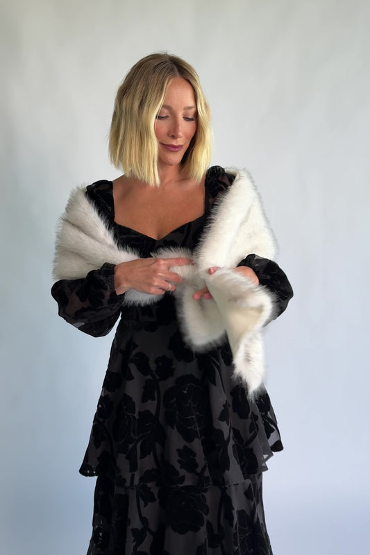 Torino Faux Fur Shawl in Pearl Gray with a soft faux fur finish and an elegant oversized draping silhouette.