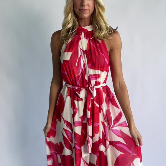 Derya Halter Maxi Dress in Multi Print with halter neckline, V-back, and flowing maxi skirt.