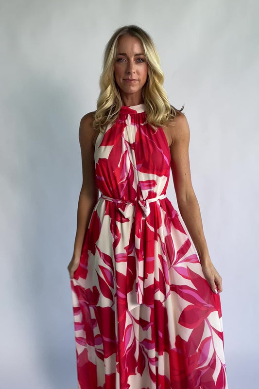 Derya Halter Maxi Dress in Multi Print with halter neckline, V-back, and flowing maxi skirt.