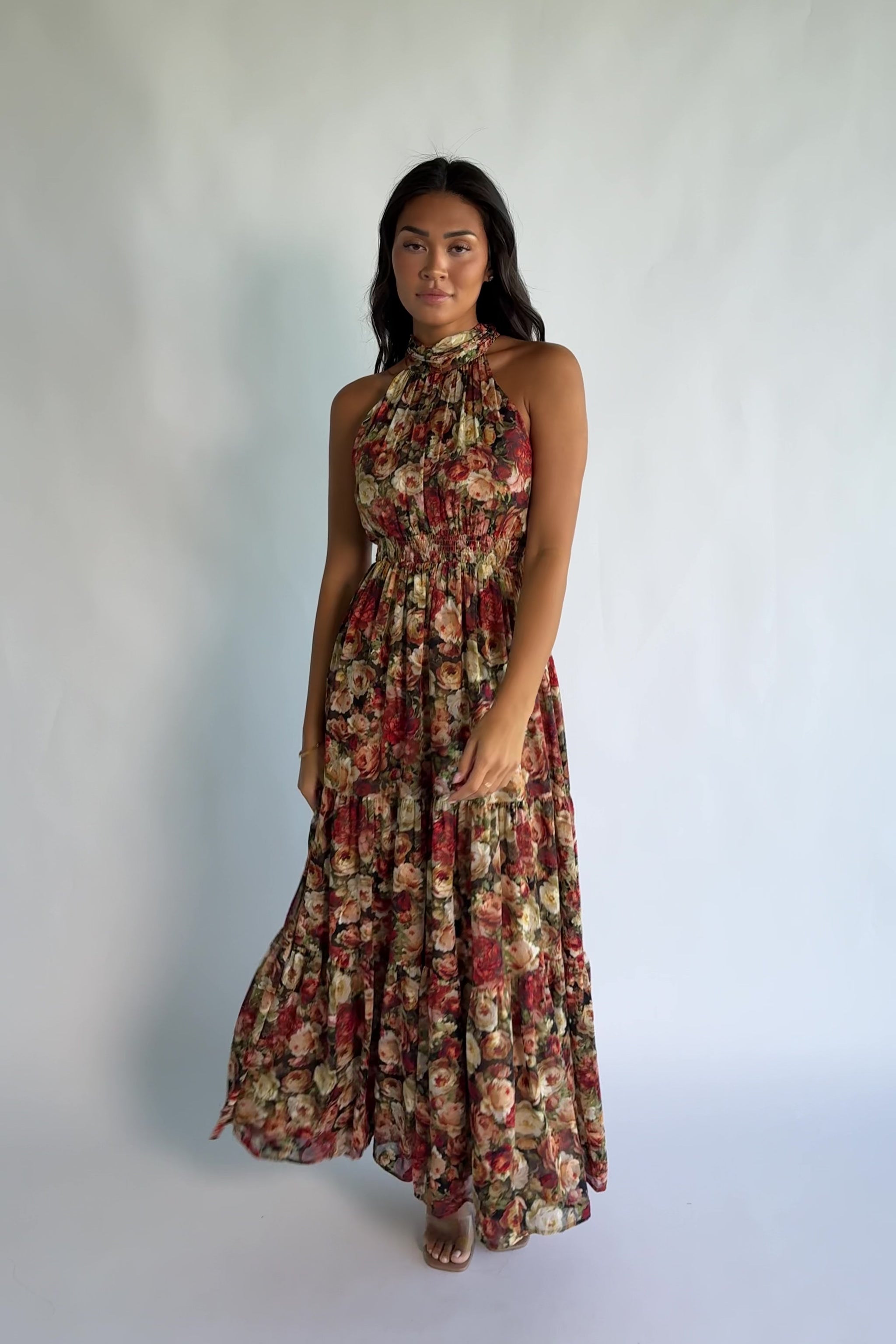 Pulitzer Maxi Dress in Rose Multi with a high halter neckline, textured chiffon, smocked waistband, and tiered maxi skirt.