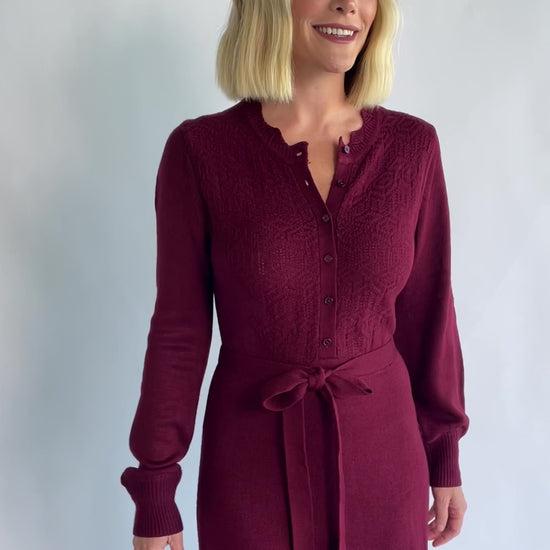 Camilla Sweater Dress in Wine with a knit button-down bodice, removable waist belt, and a flowing lined skirt.