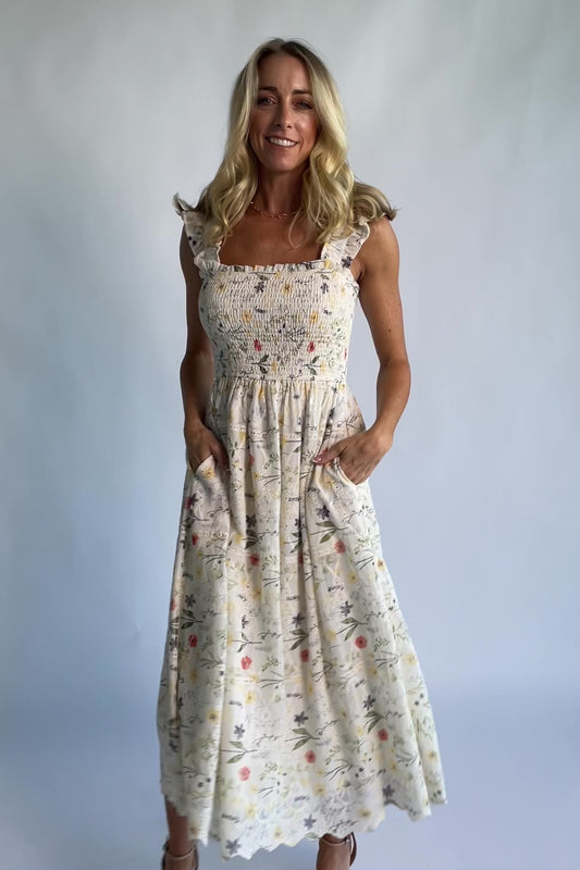 Tulia Lace Midi Dress in Cream Floral with square neckline, smocked bodice, and ruffle straps.