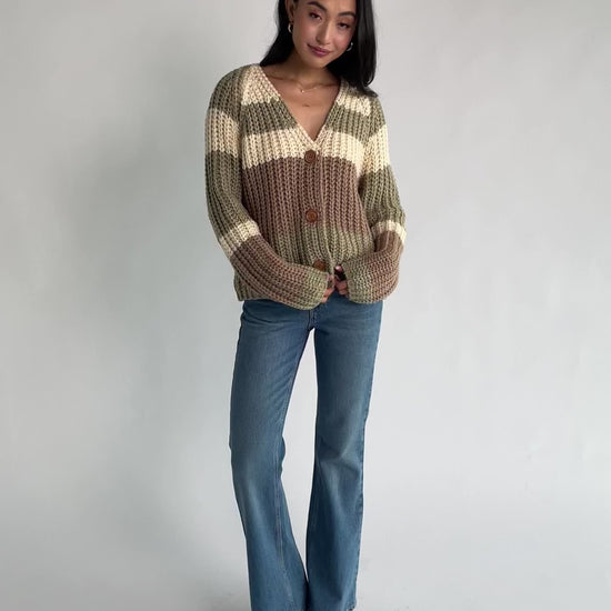 Ophelia Chunky Striped Cardigan in Sage Multi with oversized fit, V-neckline, wood button front, and long sleeves.