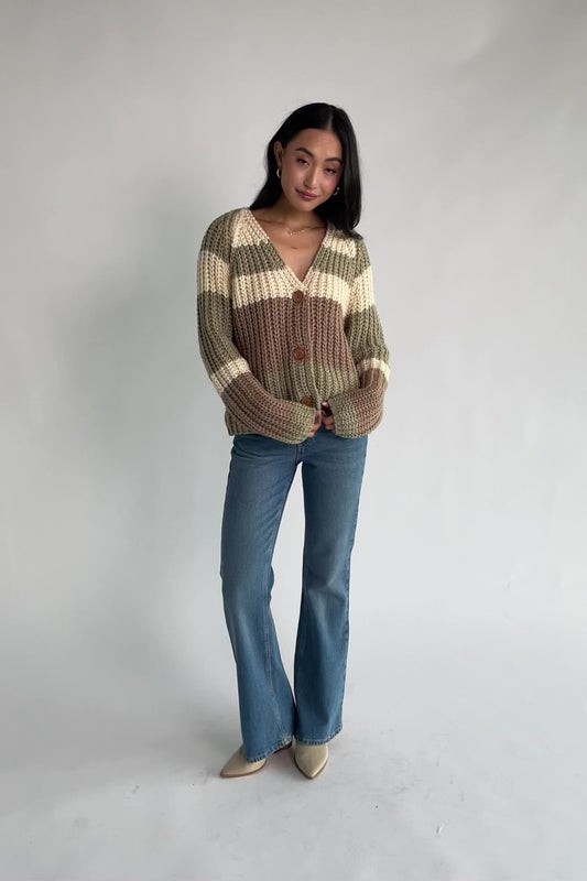 Ophelia Chunky Striped Cardigan in Sage Multi with oversized fit, V-neckline, wood button front, and long sleeves.
