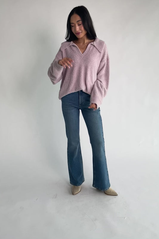 Lockwood Sweater in Dusty Lilac with fuzzy knit texture, collared V-neck, long sleeves, and ribbed cuffs and hem.