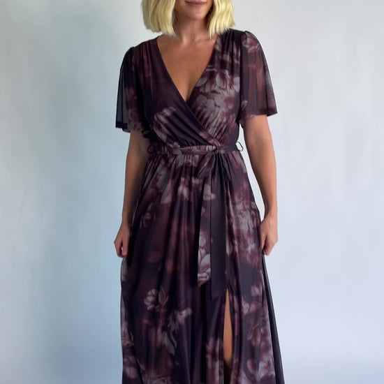 Kristina Mesh Maxi Dress in Dark Clove Floral with crossover neckline, elastic waist, and side slit.
