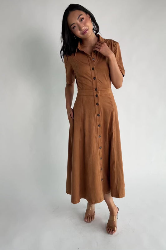 Fifth Avenue Button Up Dress in Camel with faux suede finish, collared neckline, button front, and A-line midi skirt.