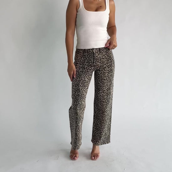 Leopard Print Wide Leg Pants with high-rise waist, button and zip closure, belt loops, and front and back pockets.