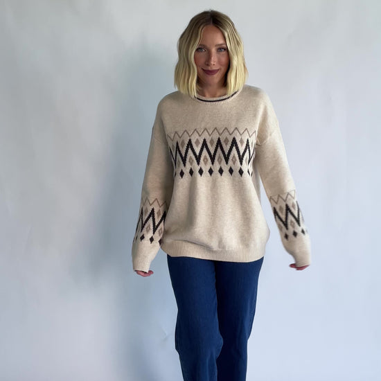 Oona Sweater in Natural with a buttery-soft knit, Fair Isle print, round neckline, and relaxed dropped-shoulder fit.