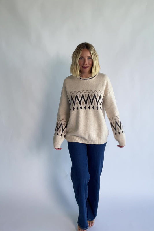 Oona Sweater in Natural with a buttery-soft knit, Fair Isle print, round neckline, and relaxed dropped-shoulder fit.