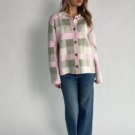Midtown Plaid Jacket in Blush + Sage with soft knit texture, classic plaid pattern, and relaxed silhouette.