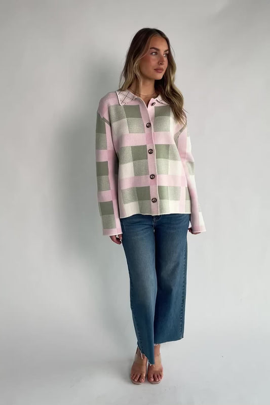 Midtown Plaid Jacket in Blush + Sage with soft knit texture, classic plaid pattern, and relaxed silhouette.