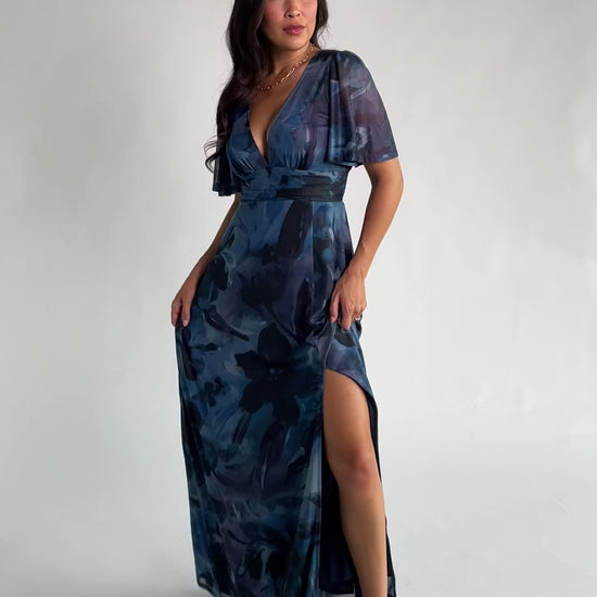 Arianne Mesh Maxi Dress in Midnight Floral with deep V-neck, flutter sleeves, empire waist, floral print, and leg slit.