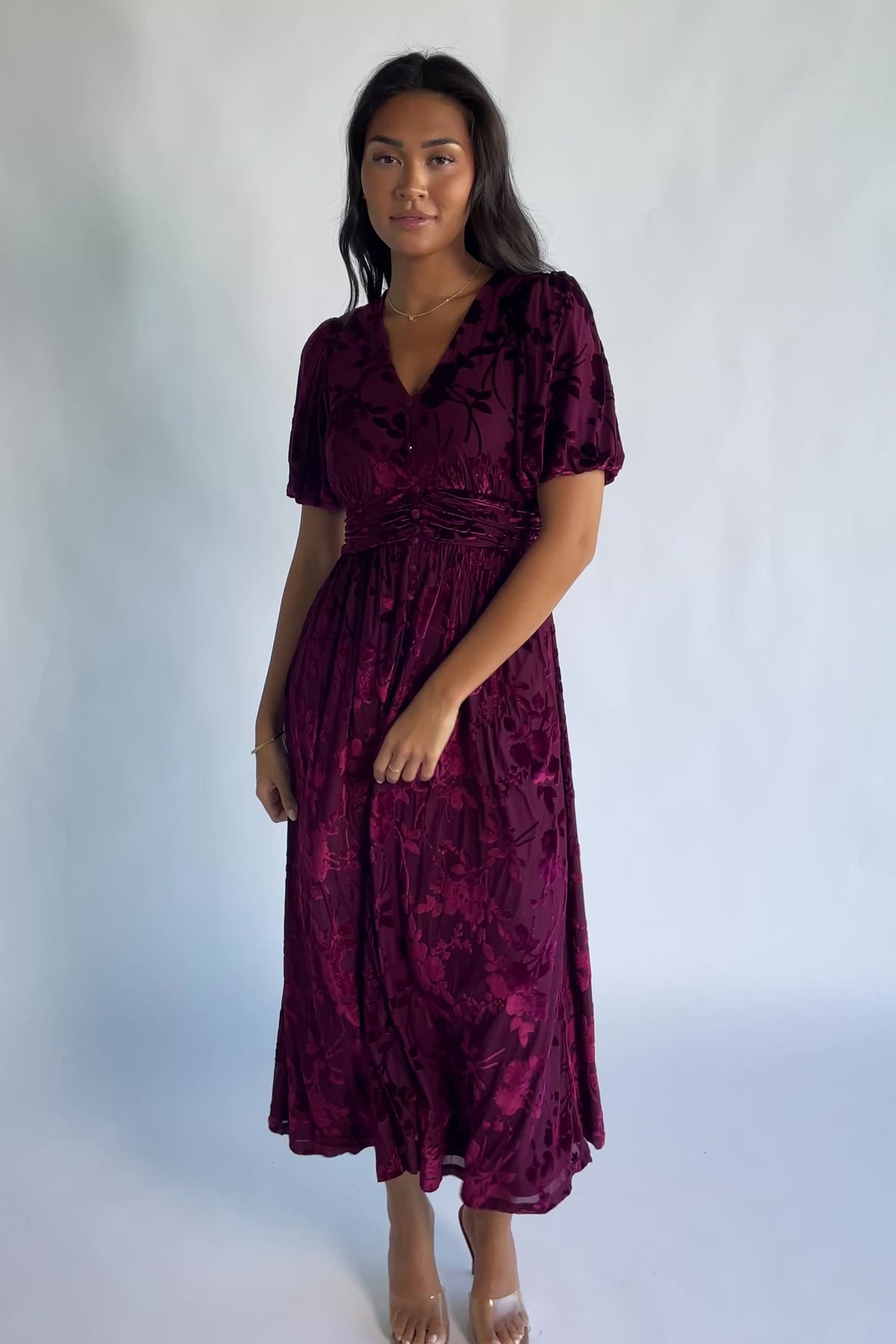 Dahlia Velvet Dress in Mulberry Floral with embossed velvet texture, a V-neckline, faux-button placket, and puff sleeves.
