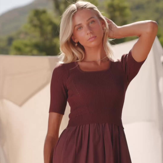 Astra Tiered Dress in Espresso with ribbed knit bodice, scoop neckline, short sleeves, and tiered cotton skirt.
