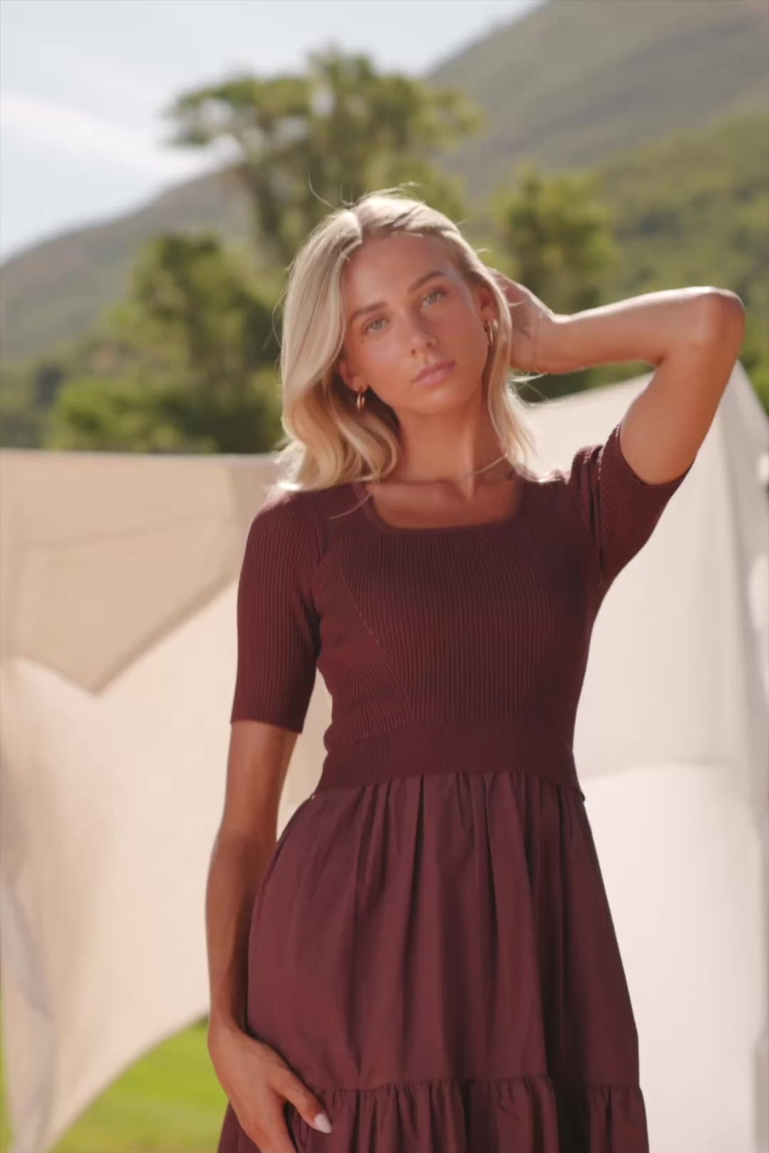 Astra Tiered Dress in Espresso with ribbed knit bodice, scoop neckline, short sleeves, and tiered cotton skirt.