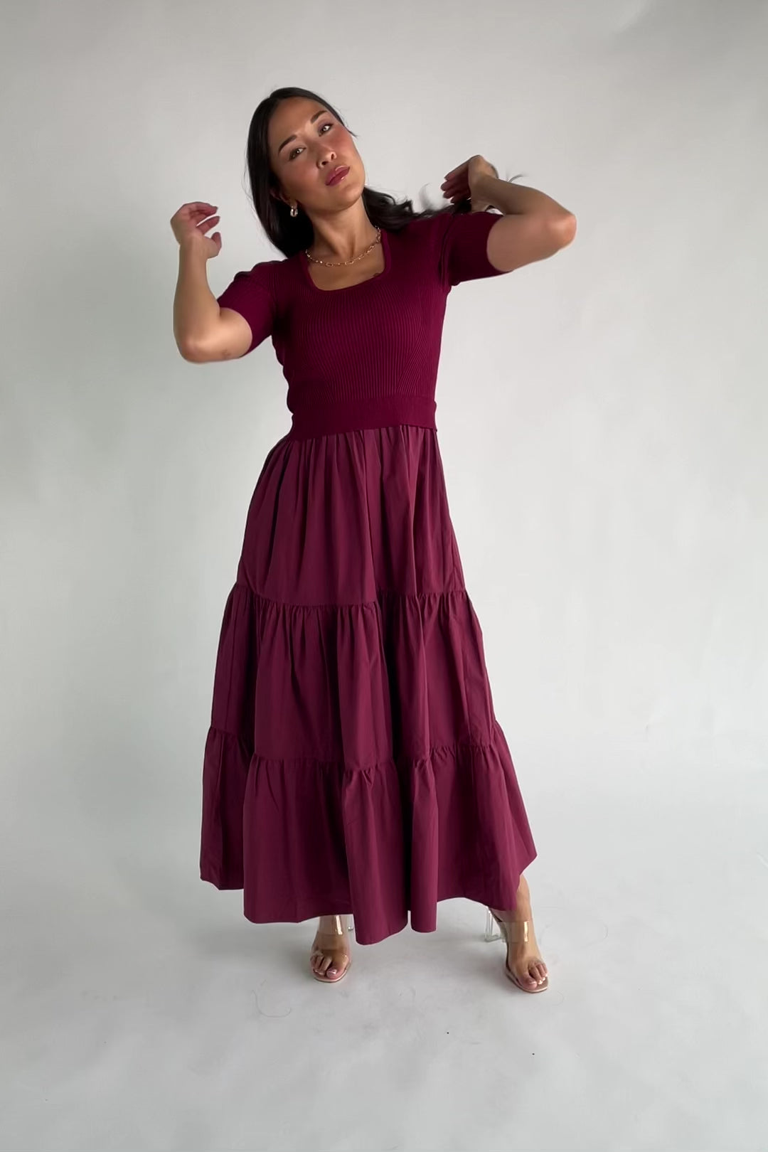 Astra Tiered Dress in Berry with ribbed knit bodice, scoop neckline, short sleeves, and tiered cotton skirt.
