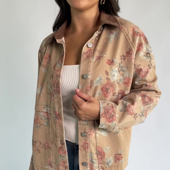 Lori Lightweight Jacket with vintage floral print, contrast collar, snap front, and functional pockets.