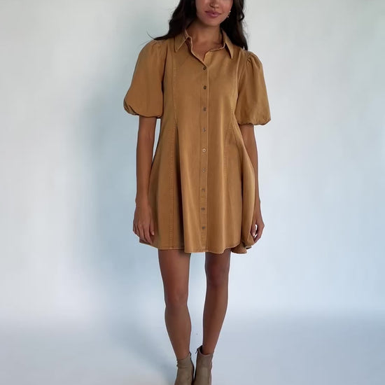 Geneva Button Front Short Dress in Camel with collared neckline, puff sleeves, princess seams, and fit-and-flare skirt.