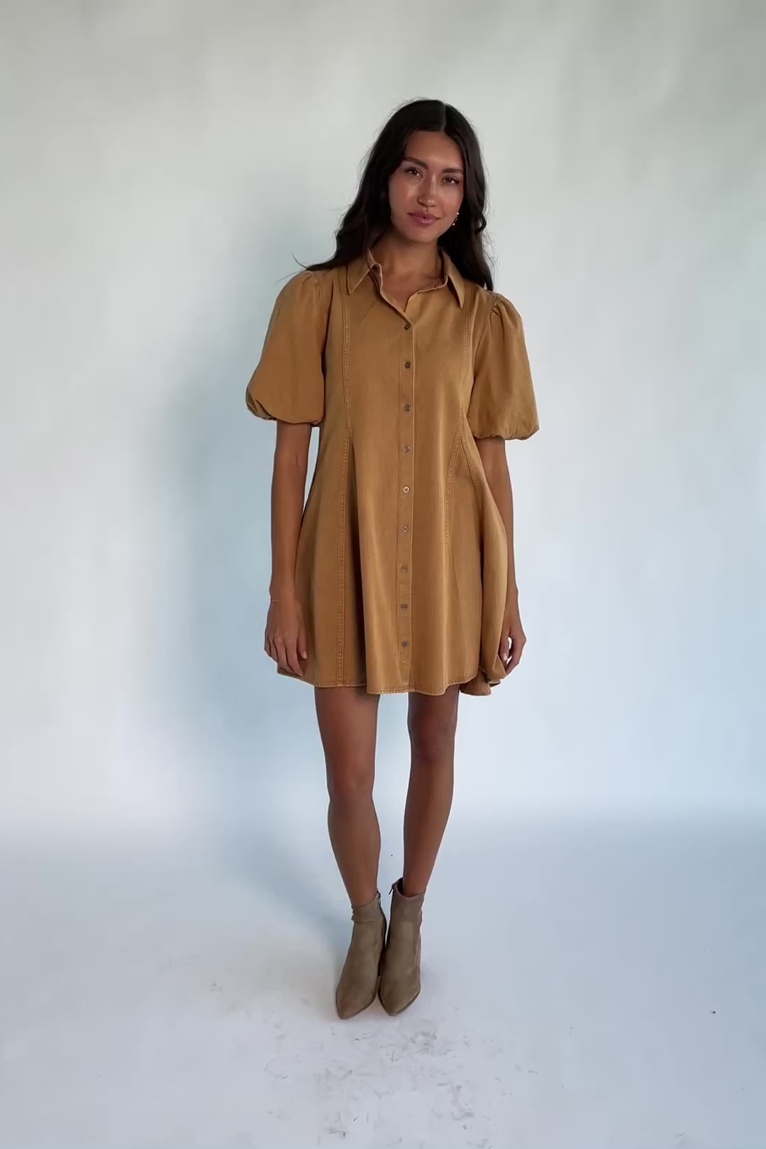 Geneva Button Front Short Dress in Camel with collared neckline, puff sleeves, princess seams, and fit-and-flare skirt.