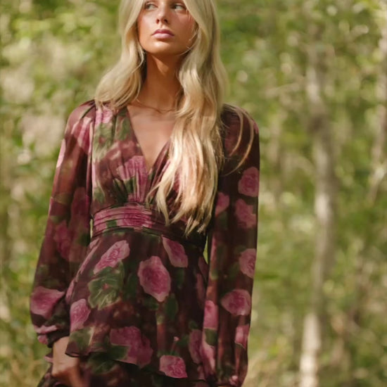 Mariella Tiered Maxi Dress in Deep Plum Floral with V-neckline, long puff sleeves, smocked back, and cascading ruffles.