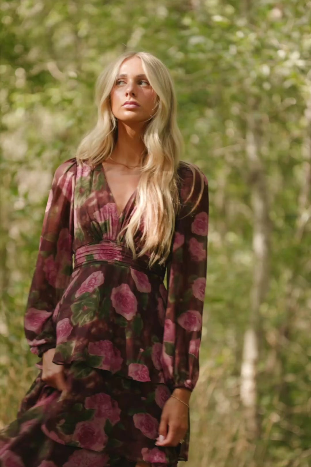 Mariella Tiered Maxi Dress in Deep Plum Floral with V-neckline, long puff sleeves, smocked back, and cascading ruffles.