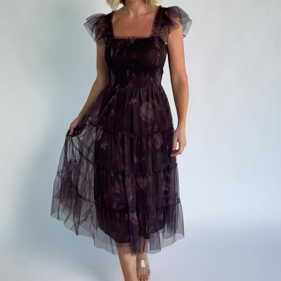 Clementine Tulle Midi Dress in Dark Clove Print with square neckline, smocked bodice, layered sleeves, and tiered tulle skirt.
