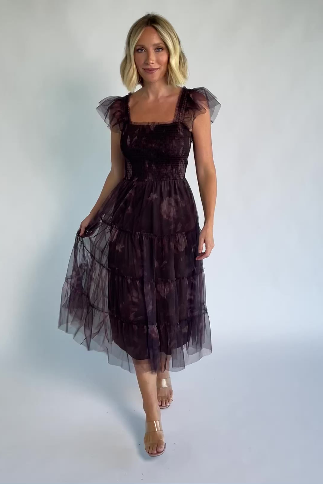 Clementine Tulle Midi Dress in Dark Clove Print with square neckline, smocked bodice, layered sleeves, and tiered tulle skirt.