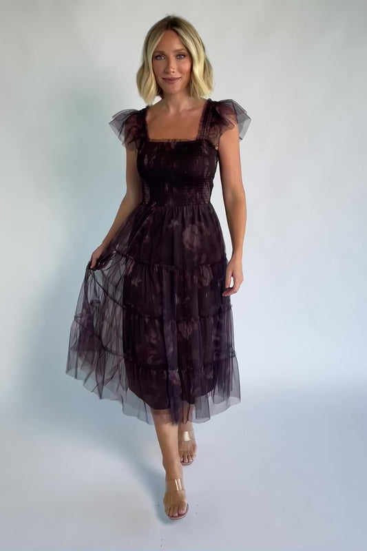 Clementine Tulle Midi Dress in Dark Clove Print with square neckline, smocked bodice, layered sleeves, and tiered tulle skirt.