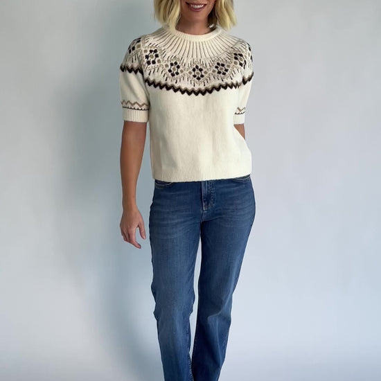 Kambri Sweater Top in Cream Multi with Fair Isle pattern, mock neckline, short sleeves, and ribbed trim.
