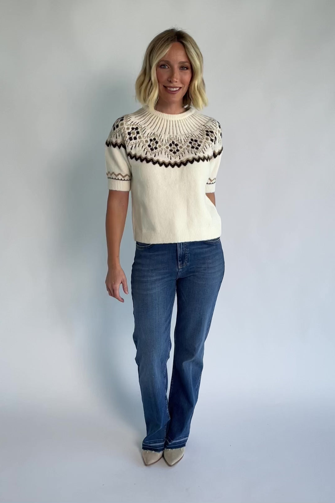 Kambri Sweater Top in Cream Multi with Fair Isle pattern, mock neckline, short sleeves, and ribbed trim.