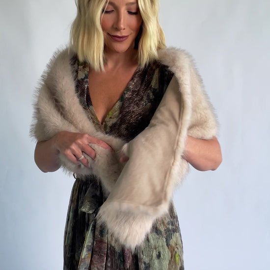 Torino Faux Fur Shawl in Warm Taupe with a soft faux fur finish and an elegant oversized draping silhouette.