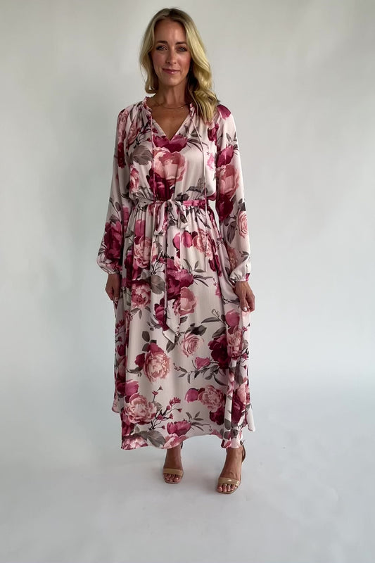 Rose floral maxi dress with a split V-neckline, ruffle-trimmed collar, long balloon sleeves, removable self-tie belt, and a flowing maxi skirt.