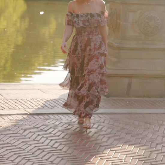 Carina Off-Shoulder Maxi Dress in Multi Floral with ruffle neckline, smocked waist, and four-tiered chiffon skirt.