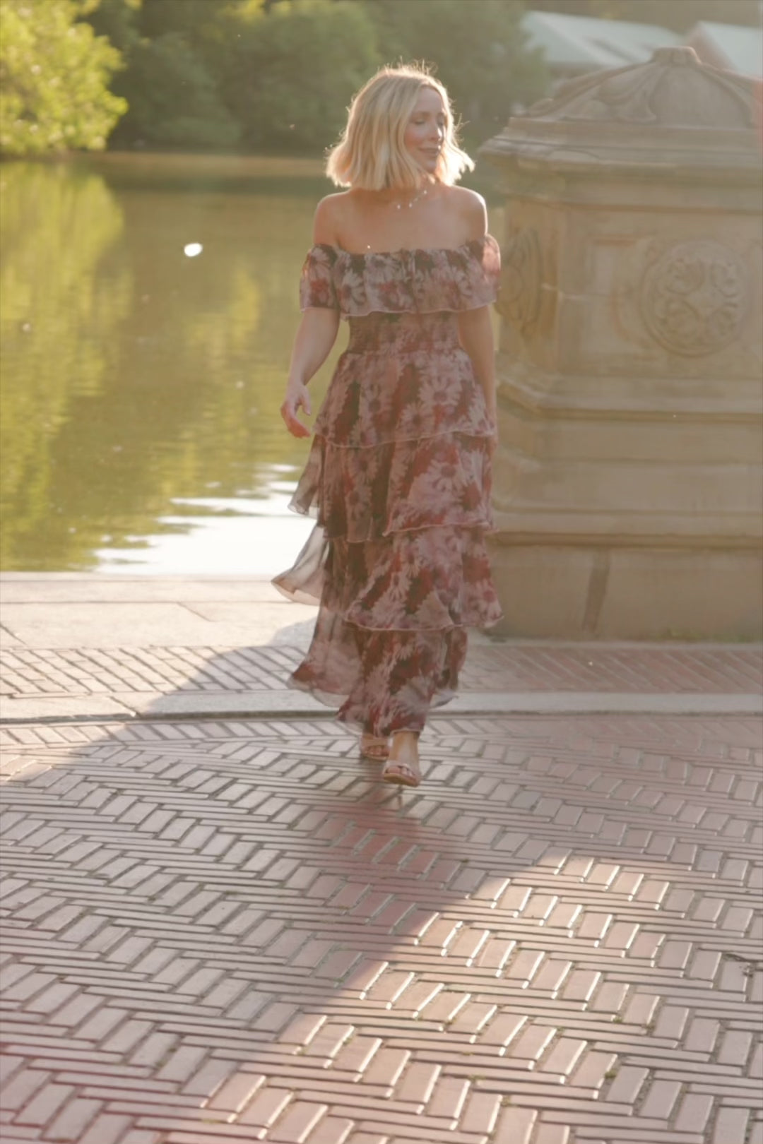 Carina Off-Shoulder Maxi Dress in Multi Floral with ruffle neckline, smocked waist, and four-tiered chiffon skirt.