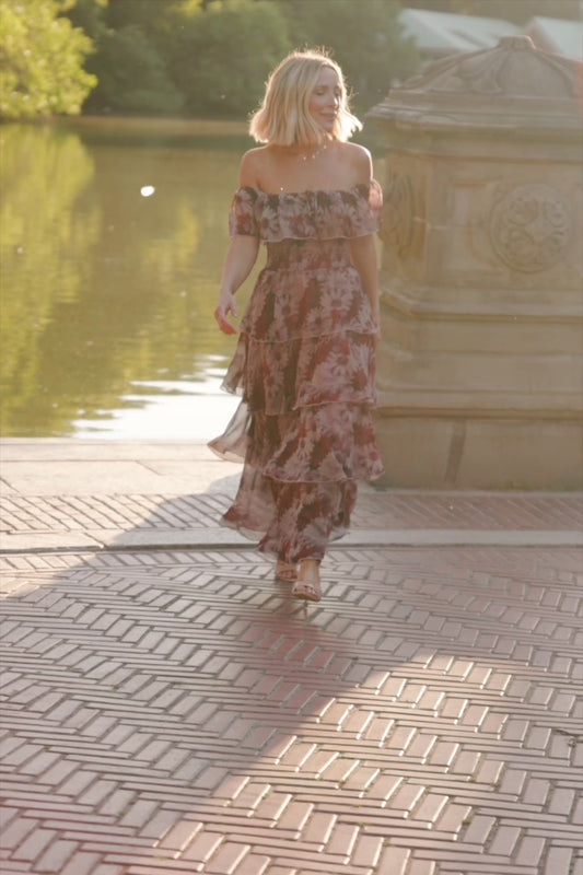 Carina Off-Shoulder Maxi Dress in Multi Floral with ruffle neckline, smocked waist, and four-tiered chiffon skirt.
