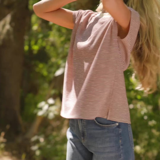 Millie Striped Top in Burgundy + Ivory with round neckline, short sleeves, side slits, and asymmetrical hem.