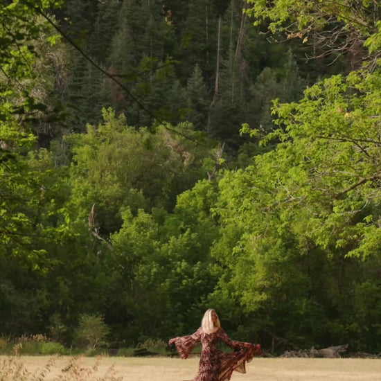 Ashwood Boho Maxi Dress in Brown Floral with square neckline, sheer flared sleeves, smocked back, and tiered skirt.