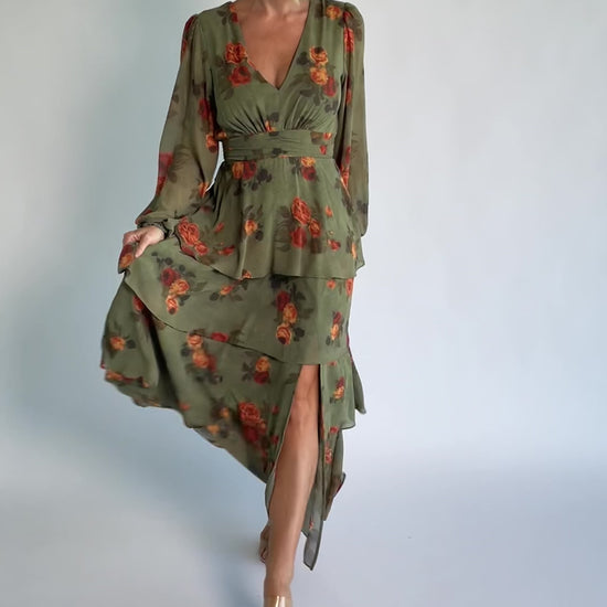 Mariella Tiered Maxi Dress in Dark Sage Floral with V-neckline, long puff sleeves, smocked back, and cascading ruffles.